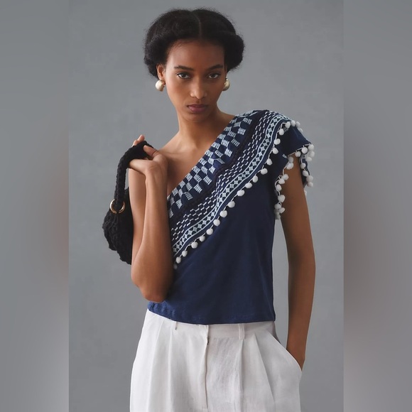 By Anthropologie Pom-Tassel One-Shoulder Top | Size Medium| - Picture 1 of 10